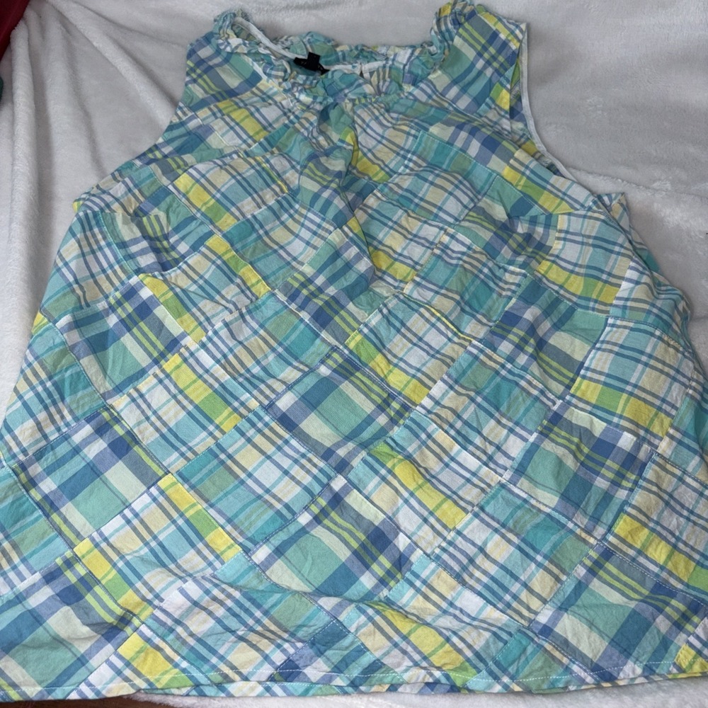 TALBOTS  S'less Patchwork Madras Ruffle Neck Cotton L Turquoise Cottagecore Chic